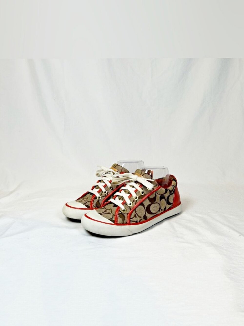 Coach Barrett Tan Signature Canvas Coral Leather Lace Up Sneakers~6~